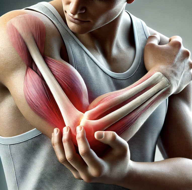 A person experiencing tennis elbow pain, holding their outer elbow with discomfort. The injury is highlighted, indicating inflammation from repetitive motion.